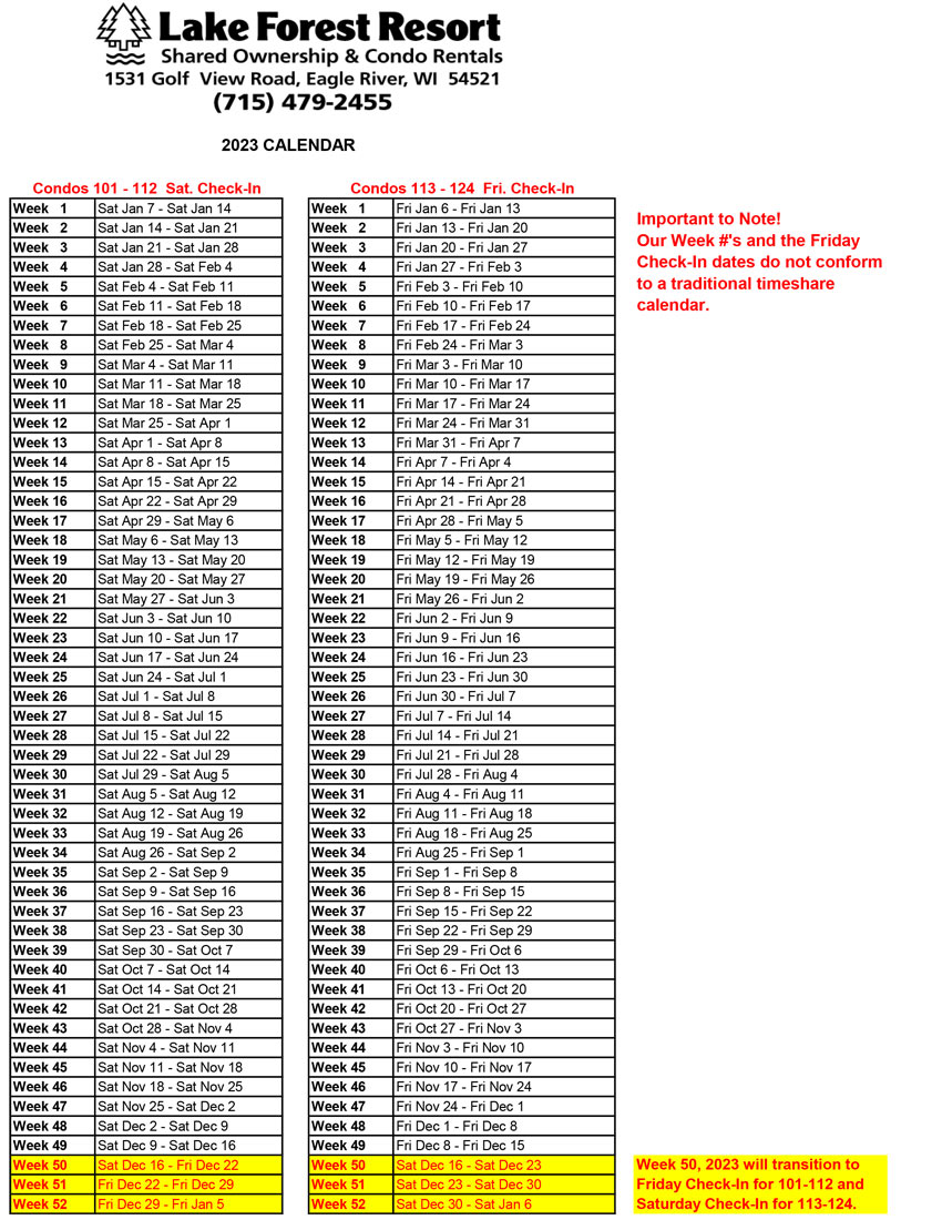 Timeshare Calendar | Lake Forest Resort Timeshare Calendar | Lake Forest Resort